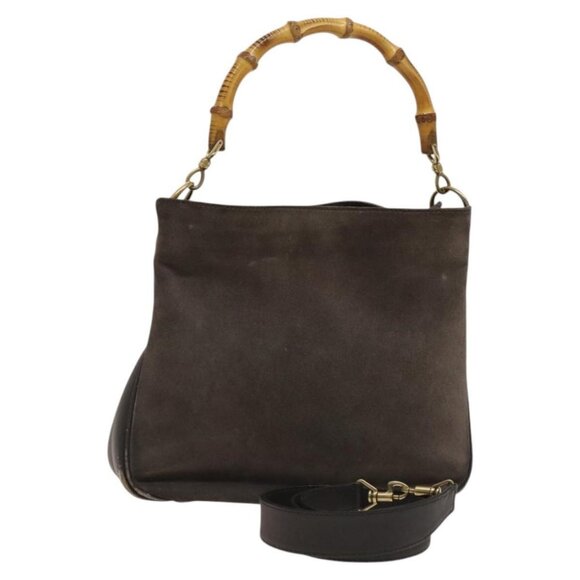 GUCCI Bamboo Hand Bag Suede 2way Gray Gold 001 1705 1638 Auth 123188 - Picture 1 of 16
